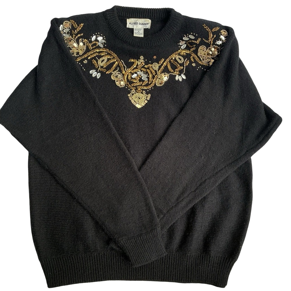 Vintage Alfred Dunner Sequin Beaded Sweater Black Gold Party Glam Evening Medium